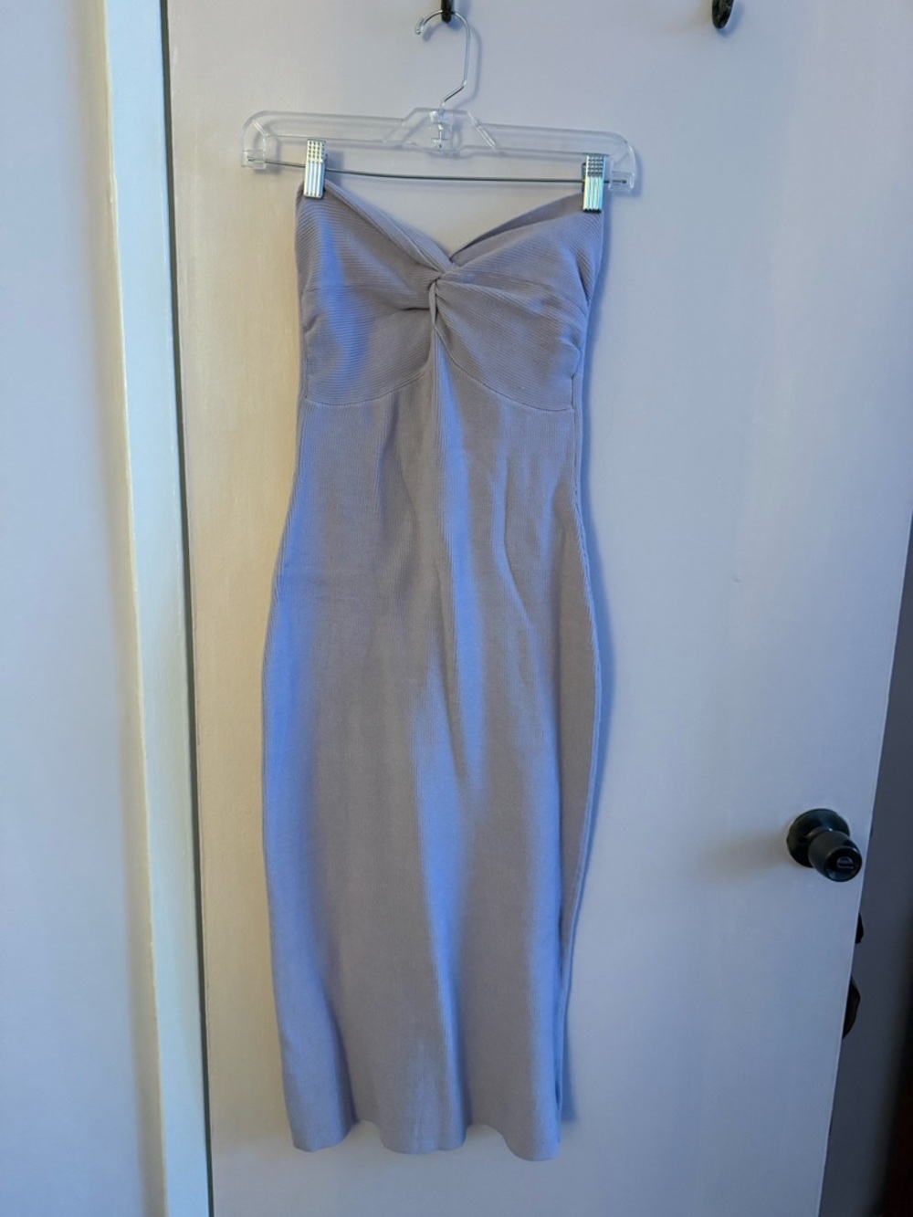 Strapless Twist Front Midi Dress in Light Lavender